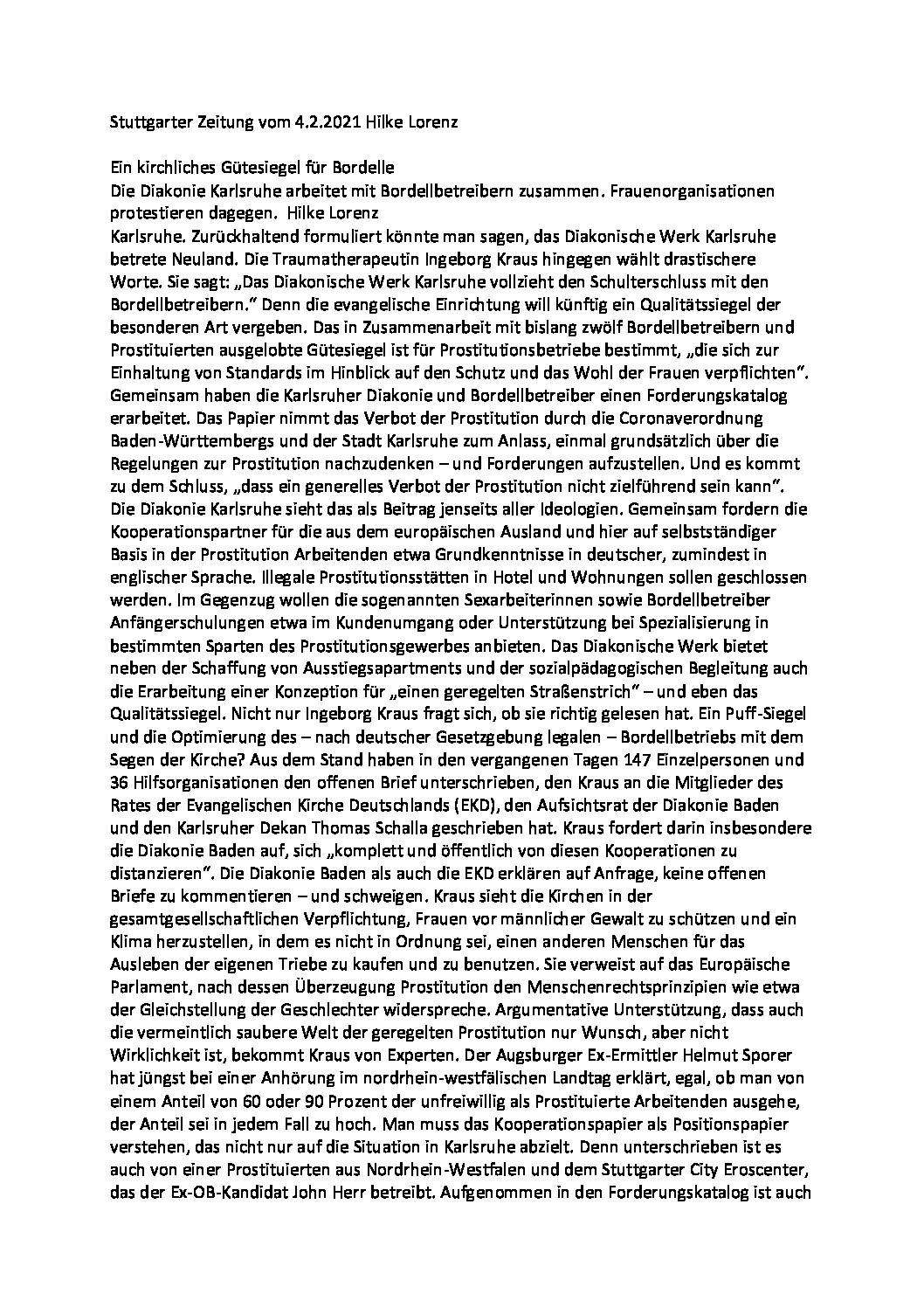 Kirchliches Gütesiegel für Bordelle (Text STZ)  04.02.21